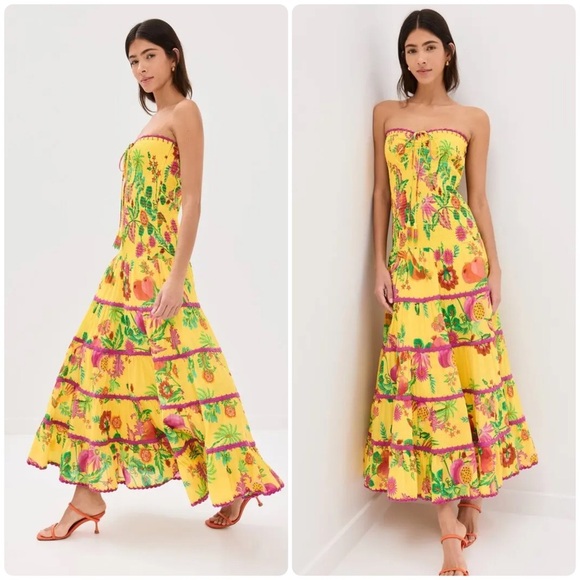 New! Farm Rio Delicate Fruit Floral Garden Strapless/ Halter Yellow Dress🌻 Small